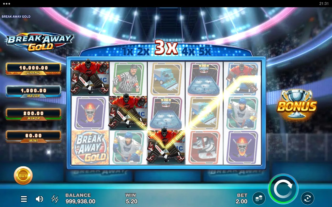 A 5.20 line pay with the 3x multiplier ribbon active and red-shirt skaters on the left reel