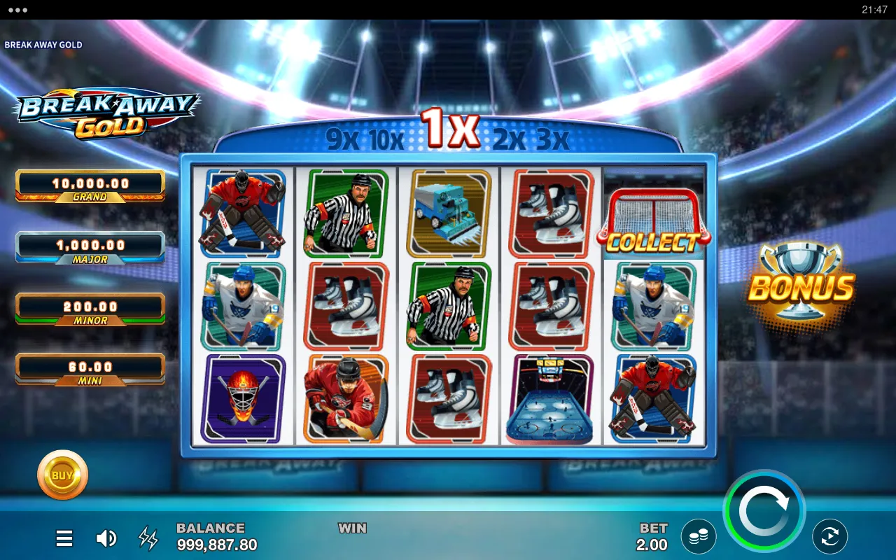 A lit COLLECT goalie banner on the top right reel with no coin tiles on the board