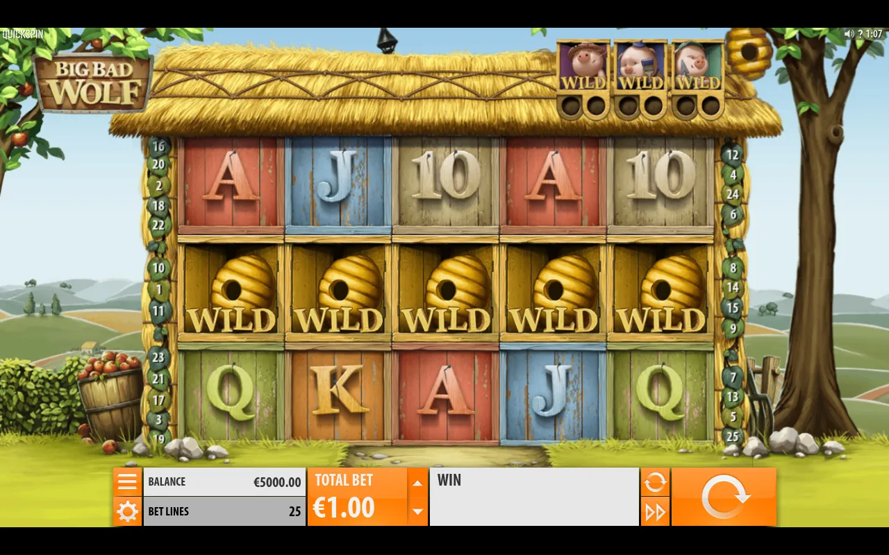 Five reels with a row of golden beehive Wilds across the middle, balance 5,000 and a 1 total bet