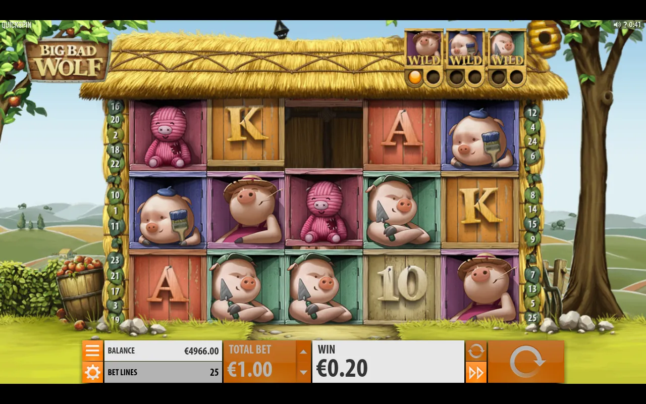 Four pig characters spread across the reels for a 0.20 line win