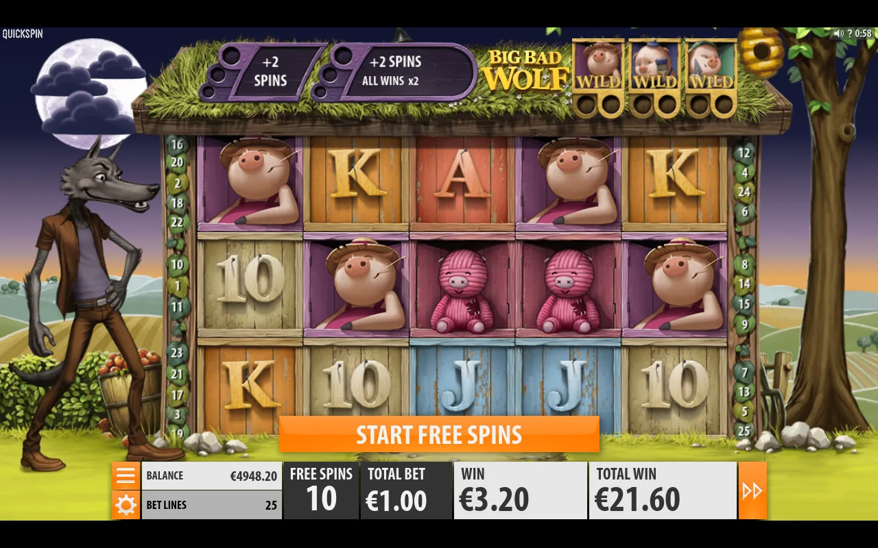 START FREE SPINS banner over the reels after three Wolf Scatters land