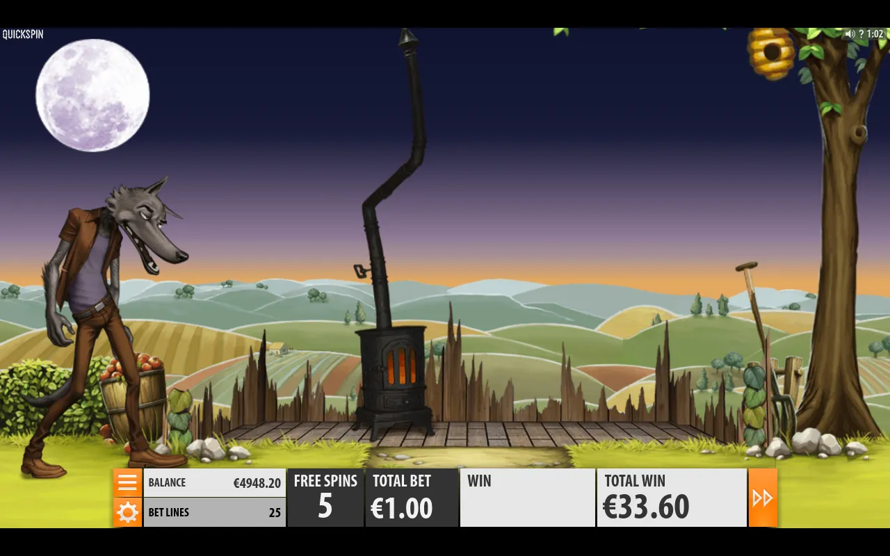 The wolf blowing the straw roof off the pig-house, 5 free spins left and a 33.60 total