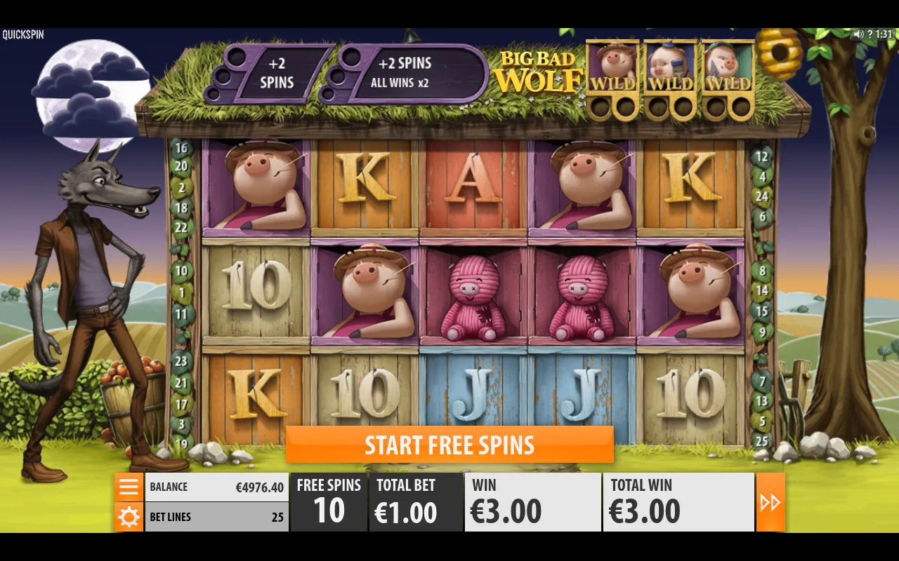 Three pig portraits showing the plus-2 spins and all-wins-doubling milestones