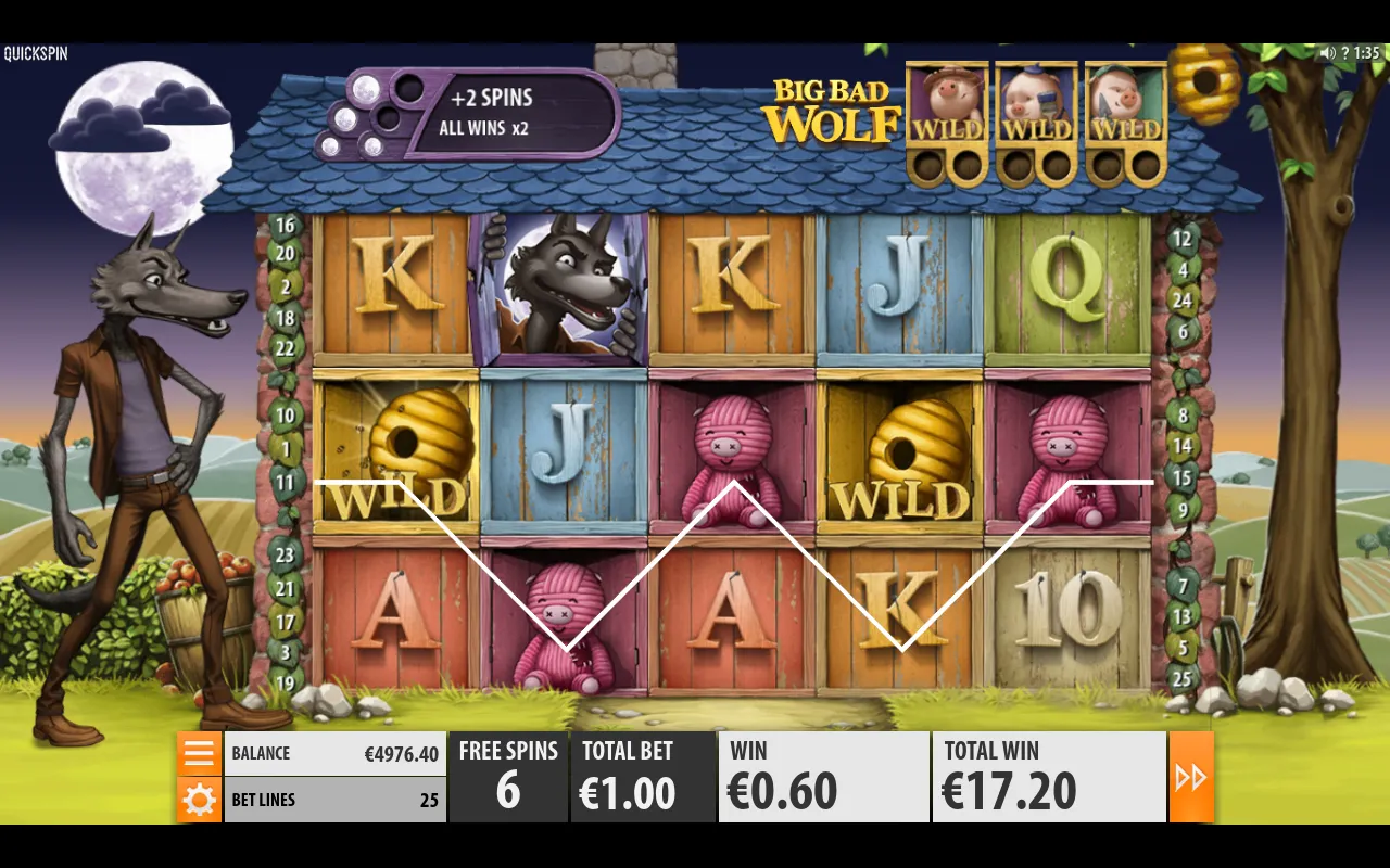 Beehive Wilds framing a Pigs Turn Wild combo with 6 free spins remaining
