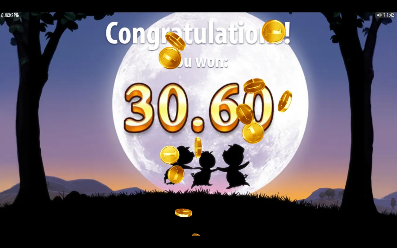 Moonlit Congratulations screen with coins falling and a 30.60 feature total