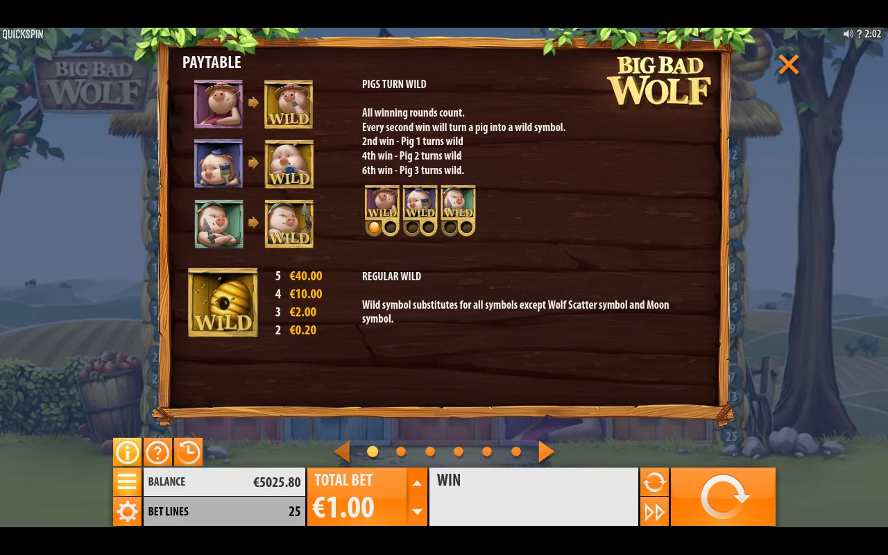 Paytable page explaining Pigs Turn Wild and the beehive Wild substitutions