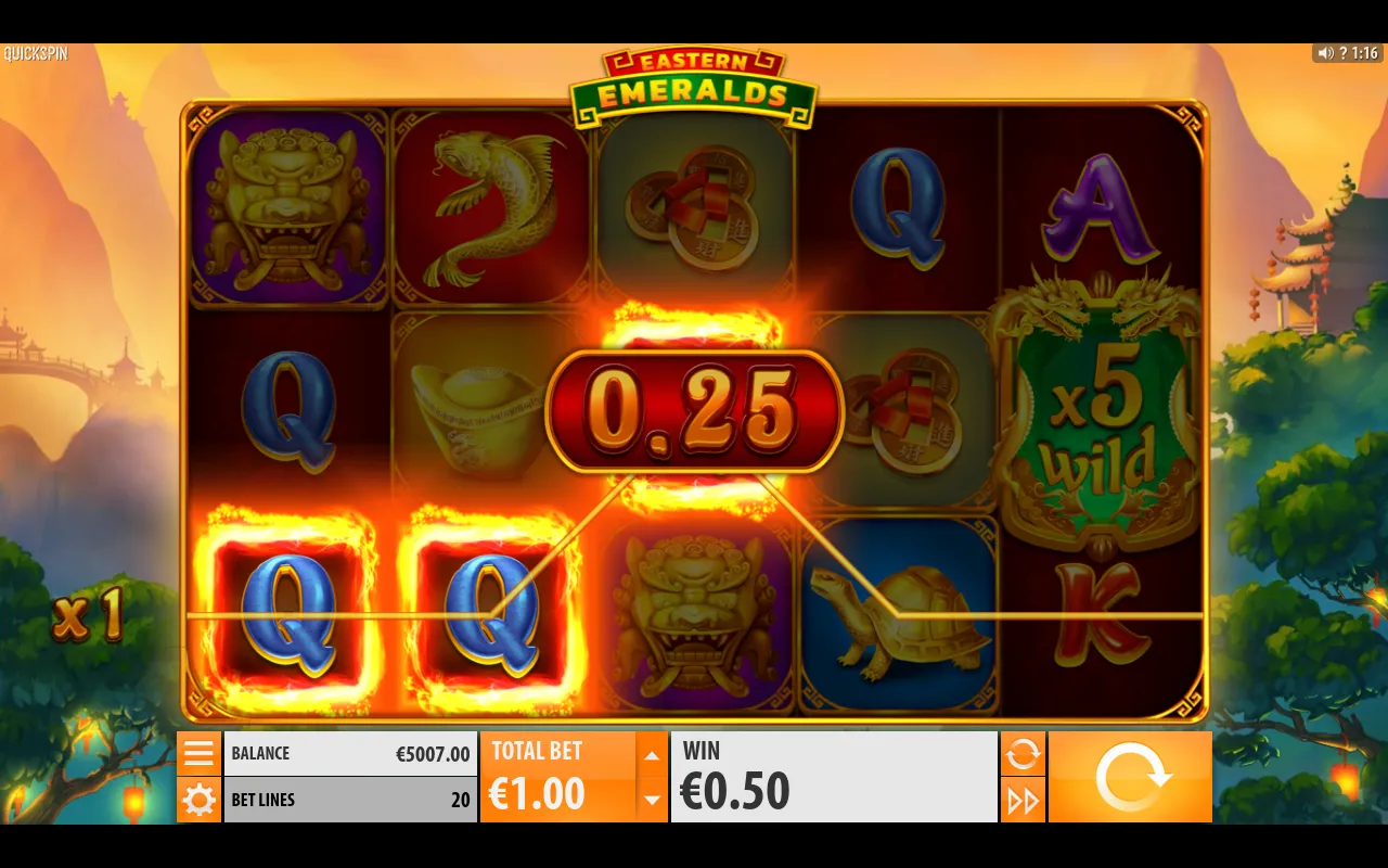 Three Queens paying on a line with a x5 multiplier wild parked on reel five
