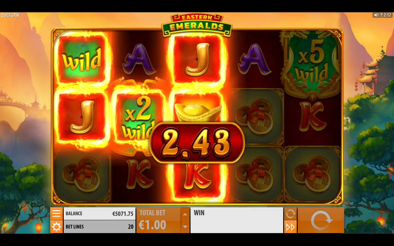 A x2 multiplier wild on the left side and a x5 wild on reel five