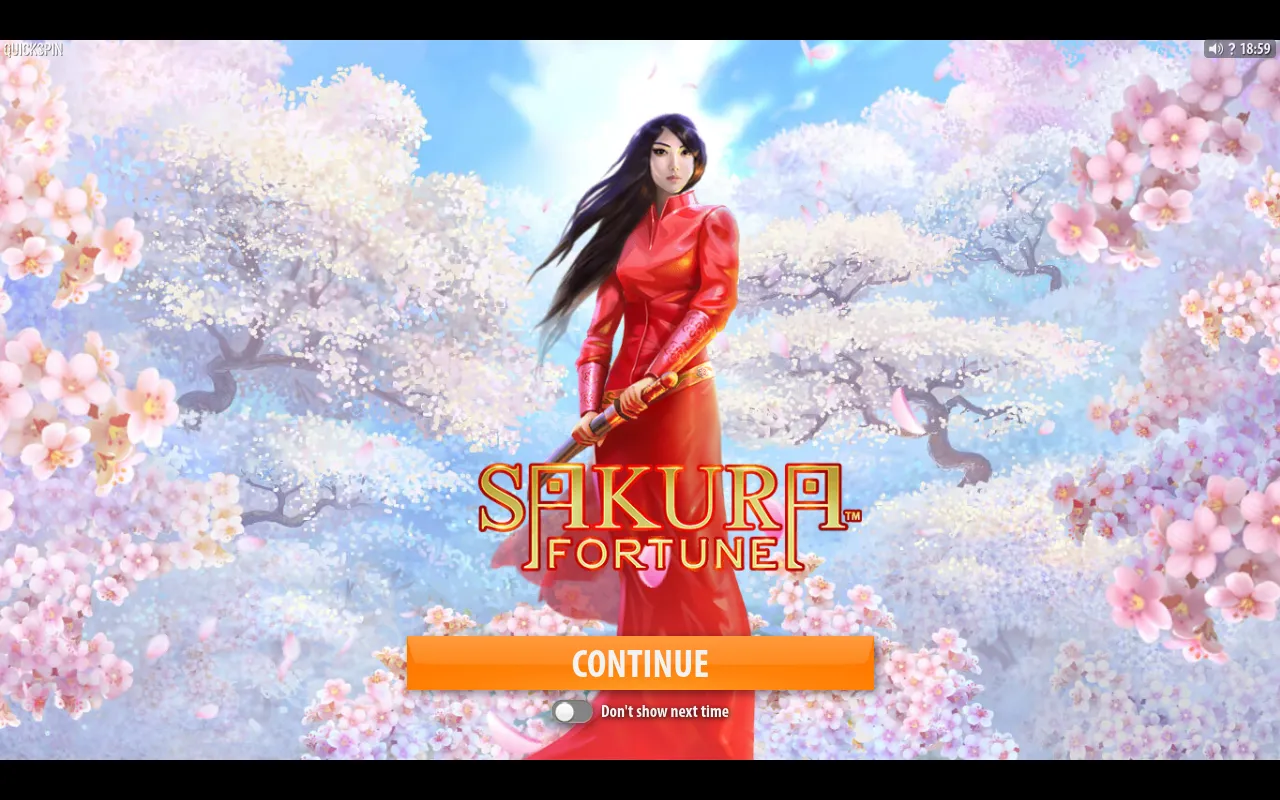 Sakura Fortune load screen with the red-robed warrior princess standing among cherry blossoms