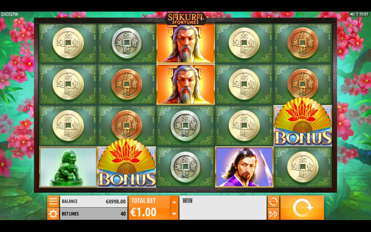 Base-game grid across 40 lines with two emperors, a stone lion and a Bonus fan among coin lows