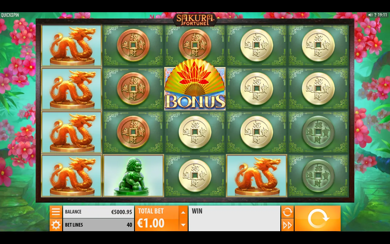 A full column of golden dragons on reel one and a single Bonus fan on reel three