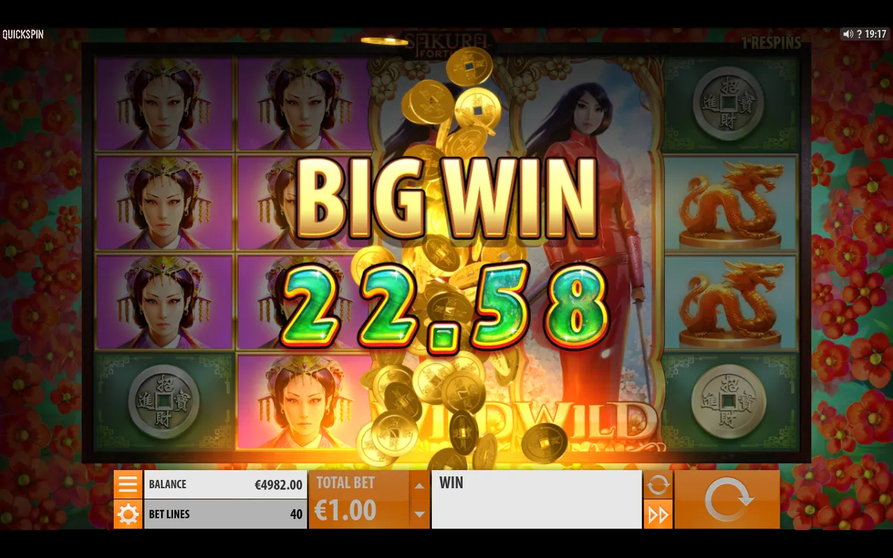 BIG WIN 22.58 with gold coins showering across the reels