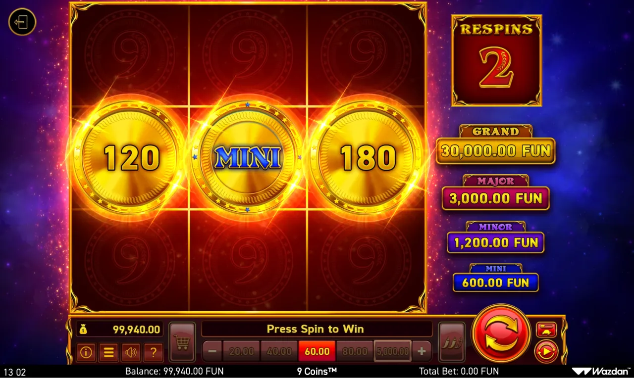 9 Coins 3x3 base grid with a 60 bet and a 99,940 balance