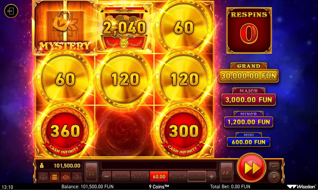 Red Hold the Jackpot respin board with locked coins and a 2,040 chest collector tile