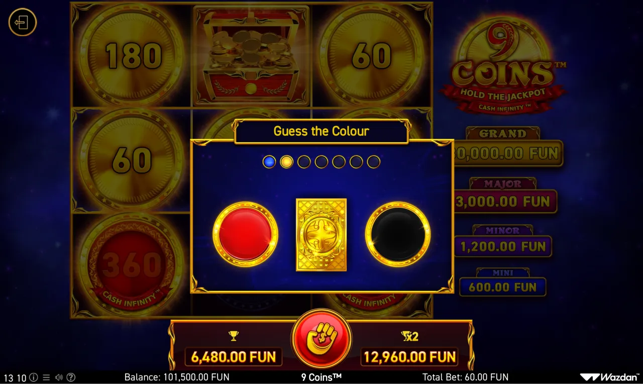 Gamble screen doubling 3,240 to 6,480 on a colour pick
