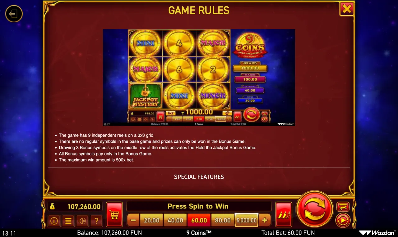 9 Coins rules screen listing coin values from 5x to 500x and the jackpot ladder