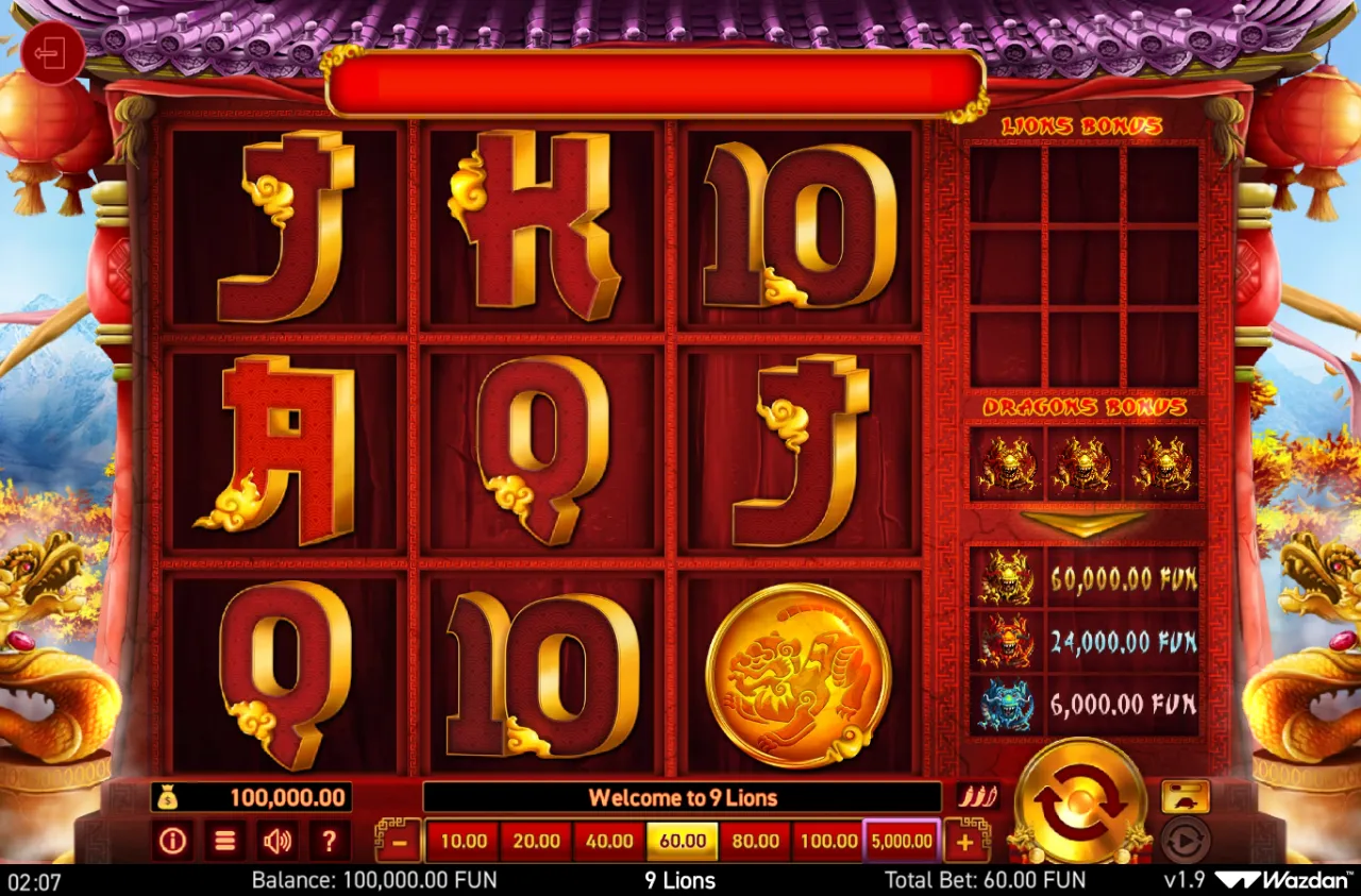 Nine-position 3×3 grid framed by a pagoda, Lions collection meter on the left and Dragons orb ladder on the right, 60 bet