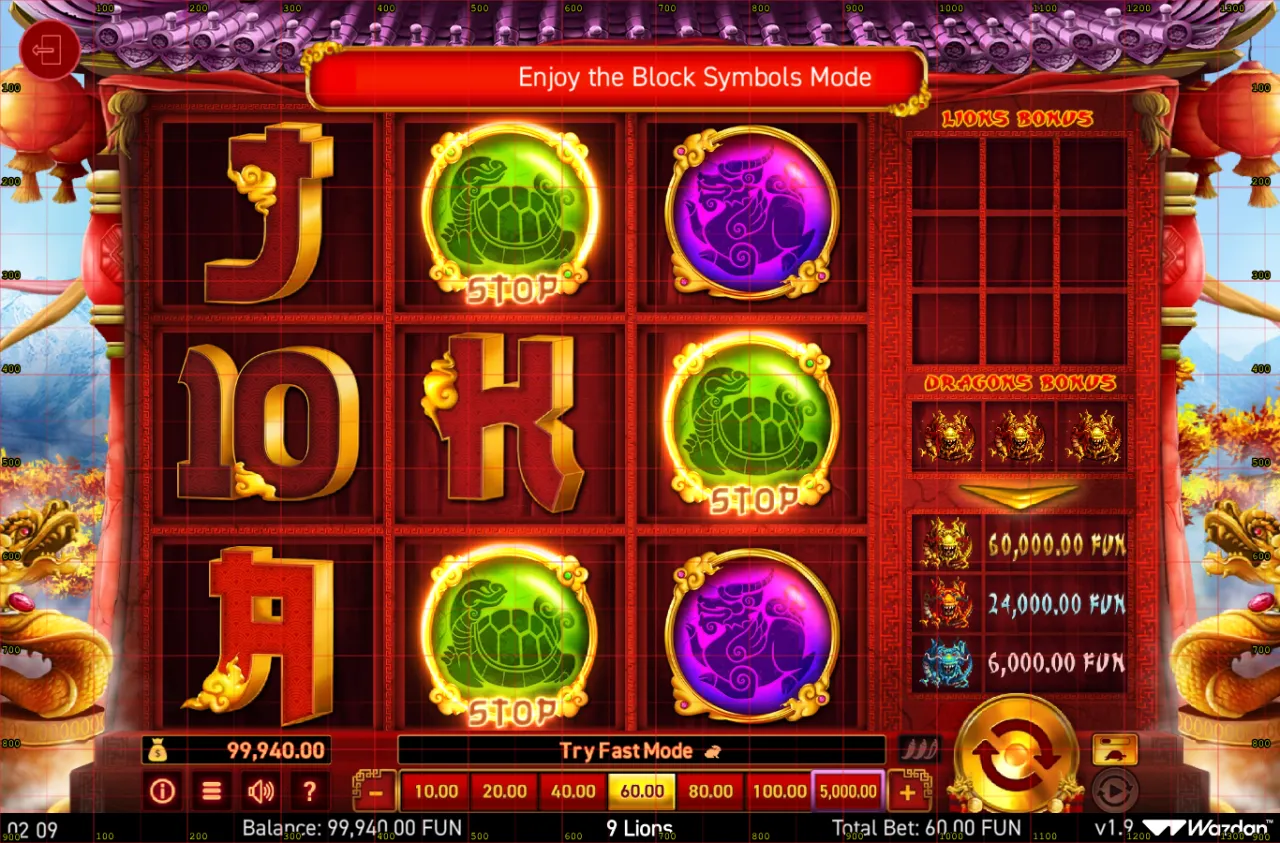 Settled reels of Chinese-styled royals and coin medallion symbols under a Block Symbols Mode banner