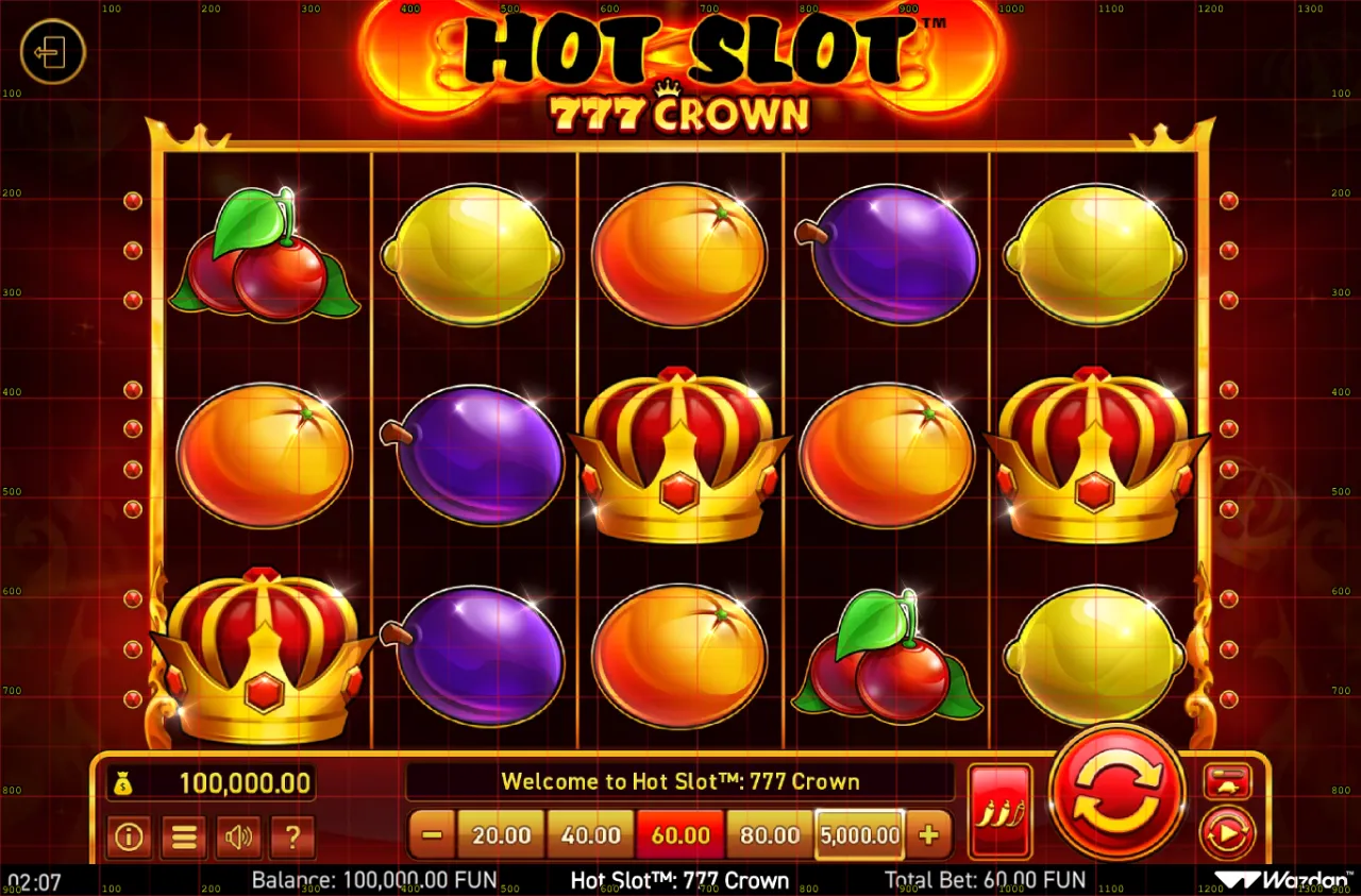 Hot Slot 777 Crown grid on load, a 100,000 balance and a 60 stake showing