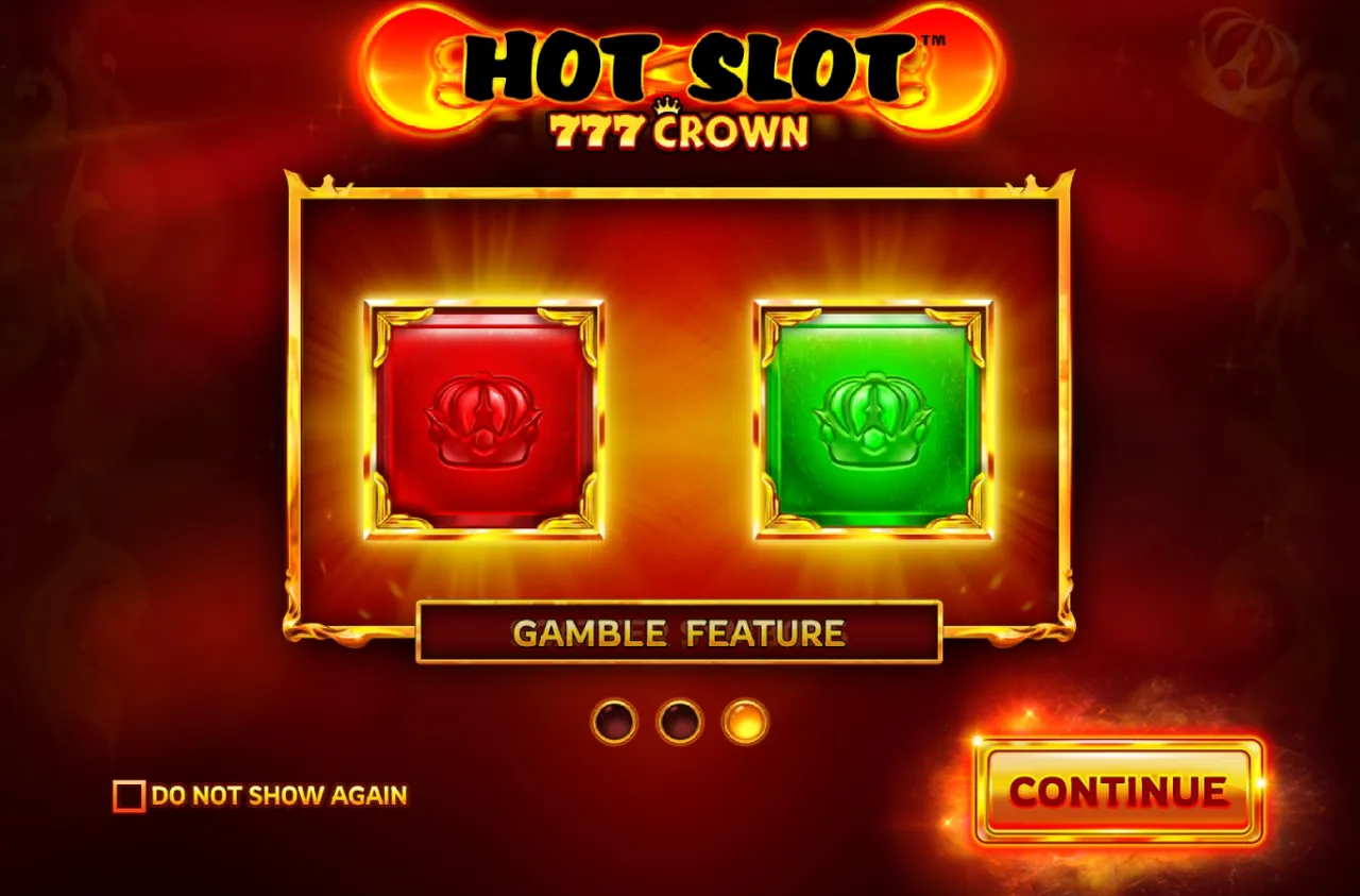 Intro splash showing the x2 Gamble of red crown versus green crown and the HOT SPOT multiplier cells