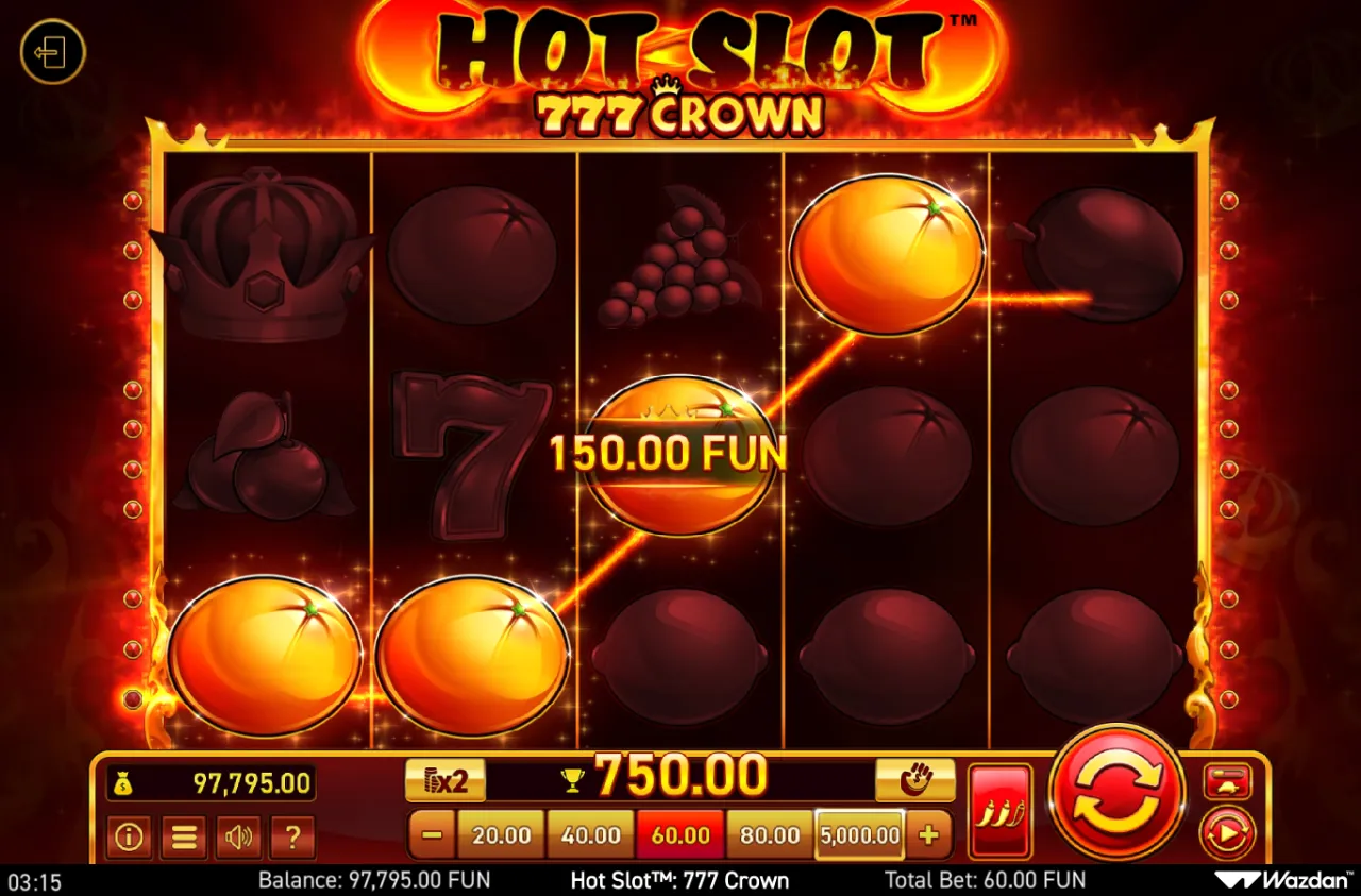 Orange symbols across a payline for a 750 win, balance reading 97,795