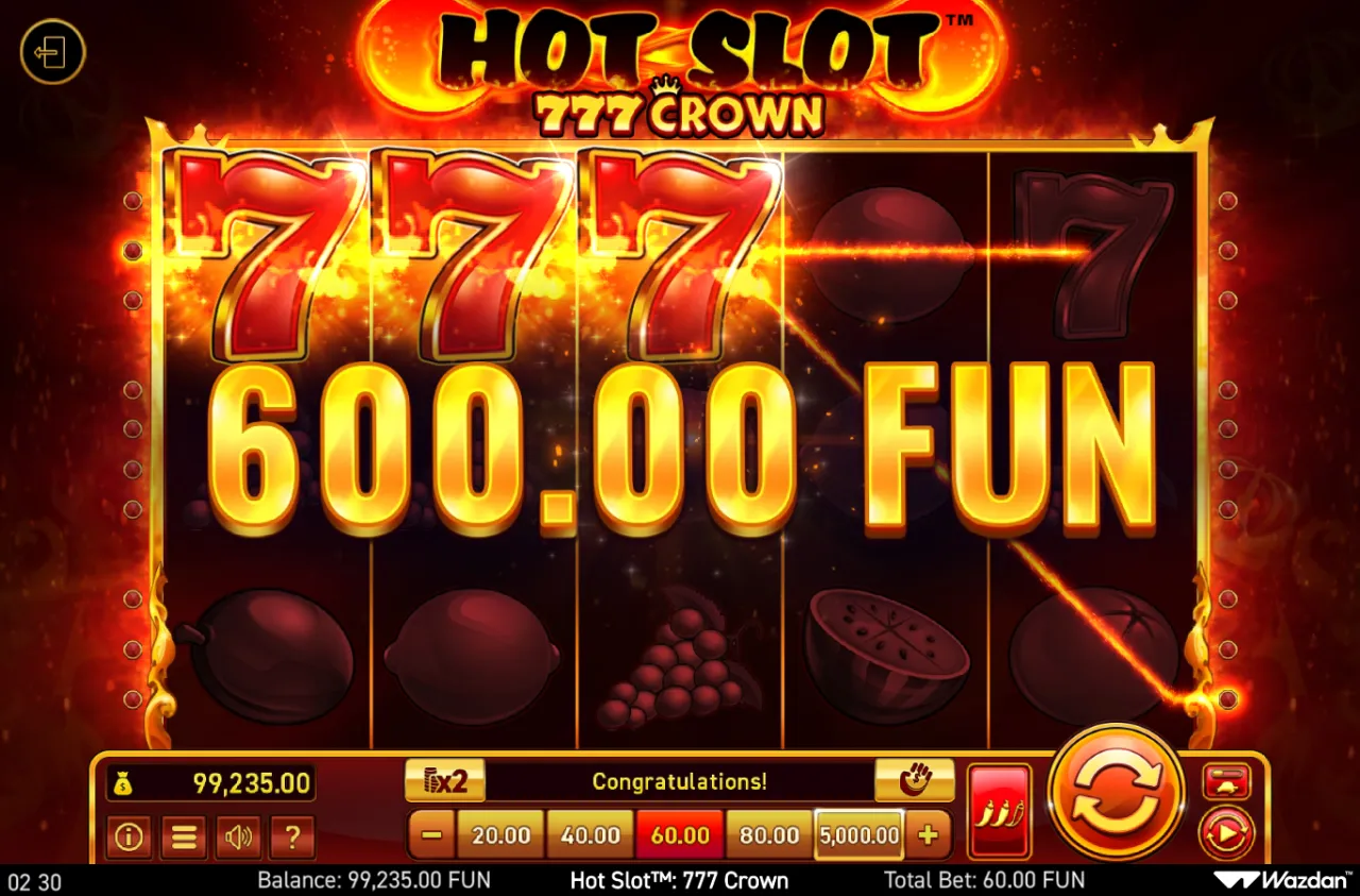 A line of red 7s across the top row paying 600